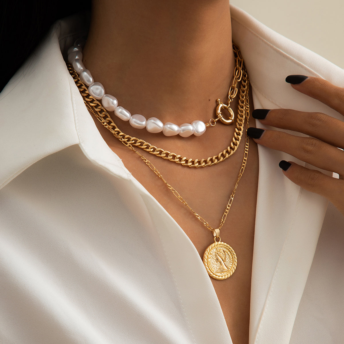 Damen Dreifach Halskette Trendy Kette Set einzeln tragbar mit münzen Plättchen & Perle