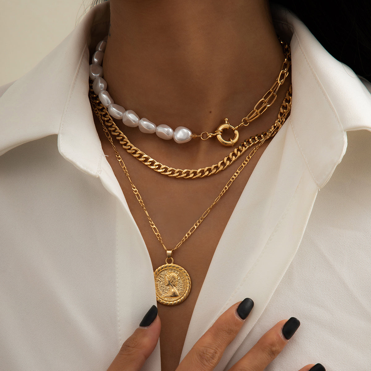 Damen Dreifach Halskette Trendy Kette Set einzeln tragbar mit münzen Plättchen & Perle