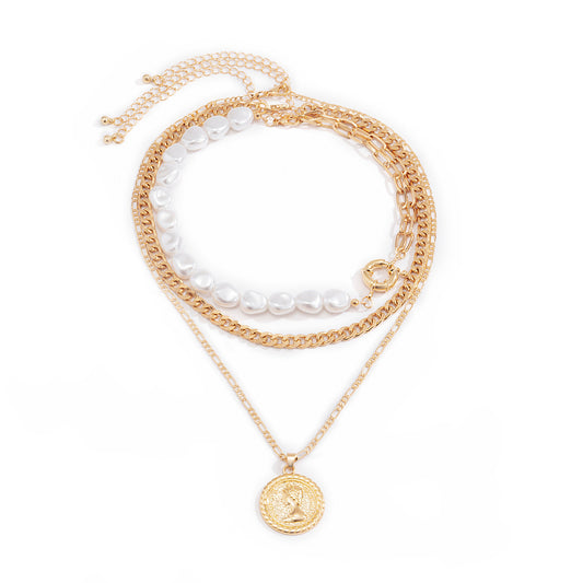 Damen Dreifach Halskette Trendy Kette Set einzeln tragbar mit münzen Plättchen & Perle fashion schmuck verstellbar