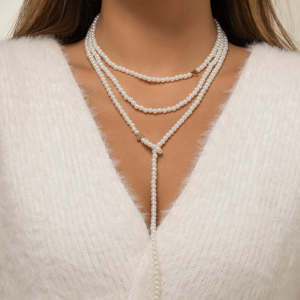 Damen Dreifach-Strang Perlen Halskette weiße Perle goldene Herz
