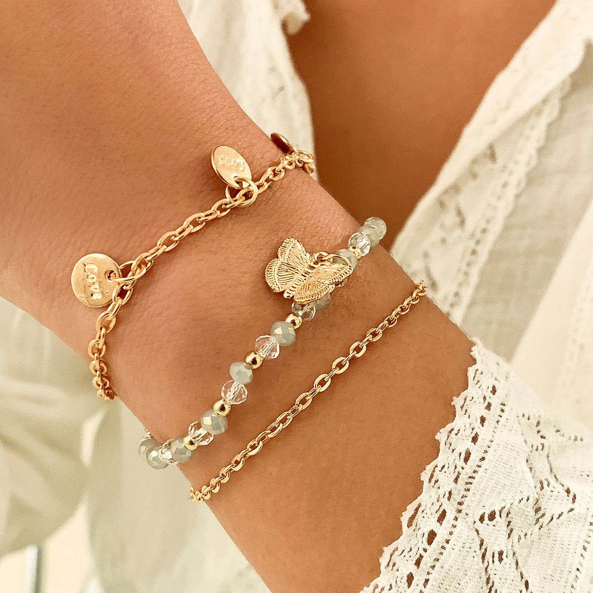 Damen Trendy Armband 3er Set gold mit Perlen Schmuck einzel tragbar