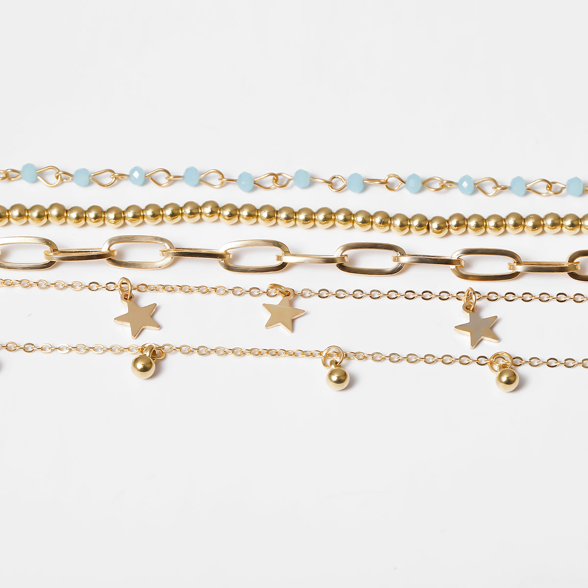 Trendy 5er Set Fußkette Damen gold mit Anhänger & Perlen Schmuck einzel tragbar
