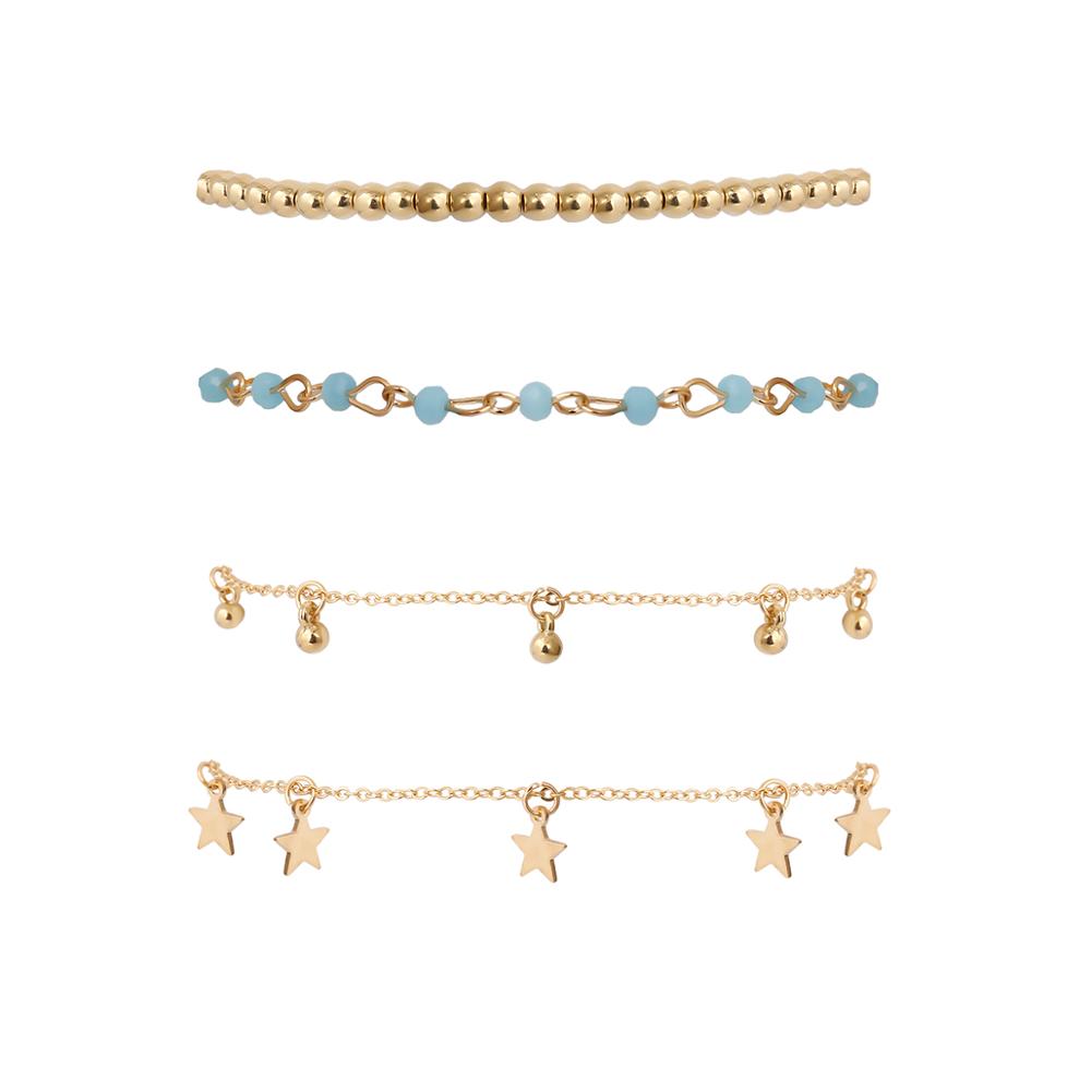 Trendy 5er Set Fußkette Damen gold mit Anhänger & Perlen Schmuck einzel tragbar