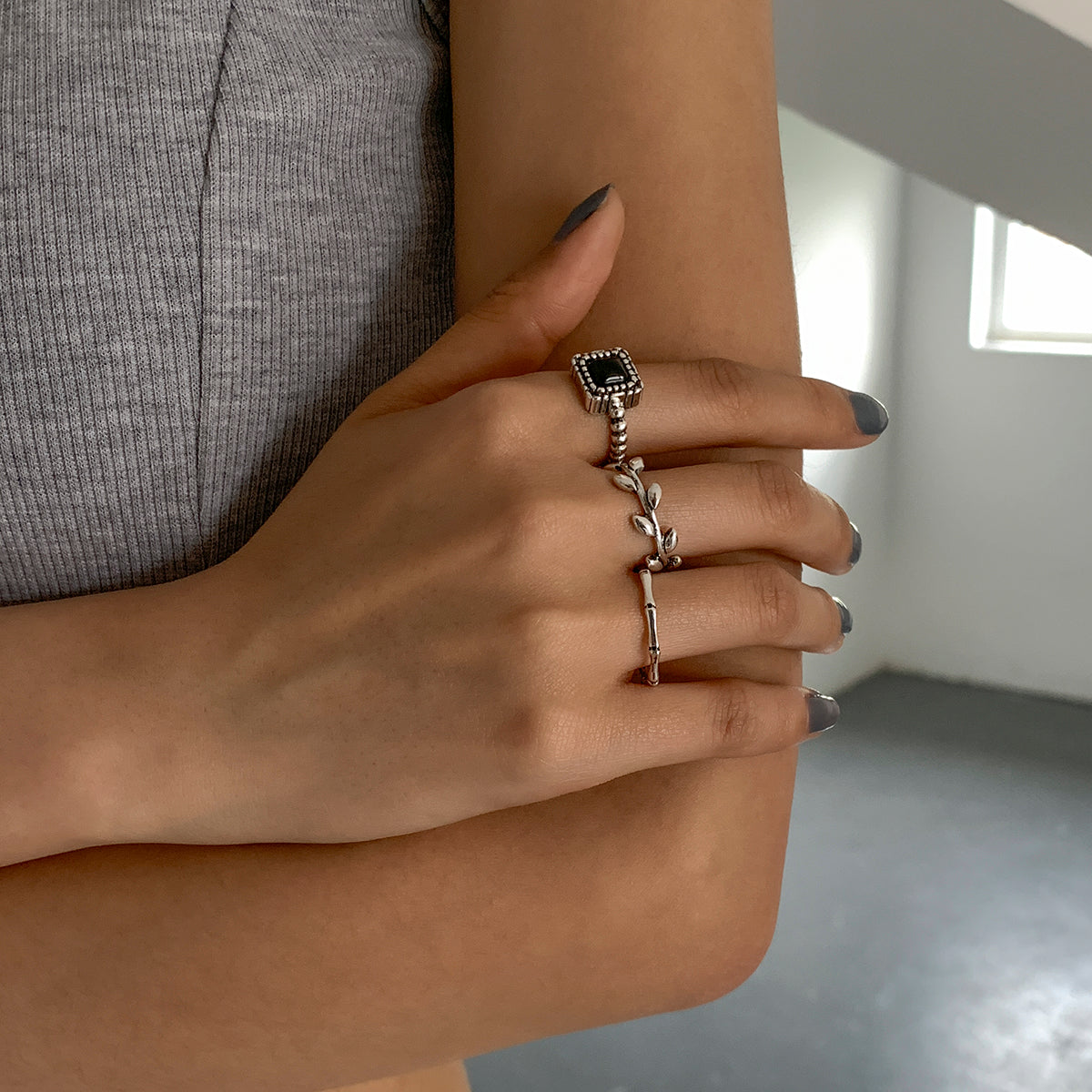 Damen Ring 3er Set Trendy Antik-Silber Farbe mit Stein Vintage