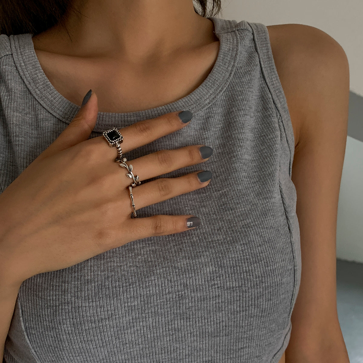 Damen Ring 3er Set Trendy Antik-Silber Farbe mit Stein Vintage