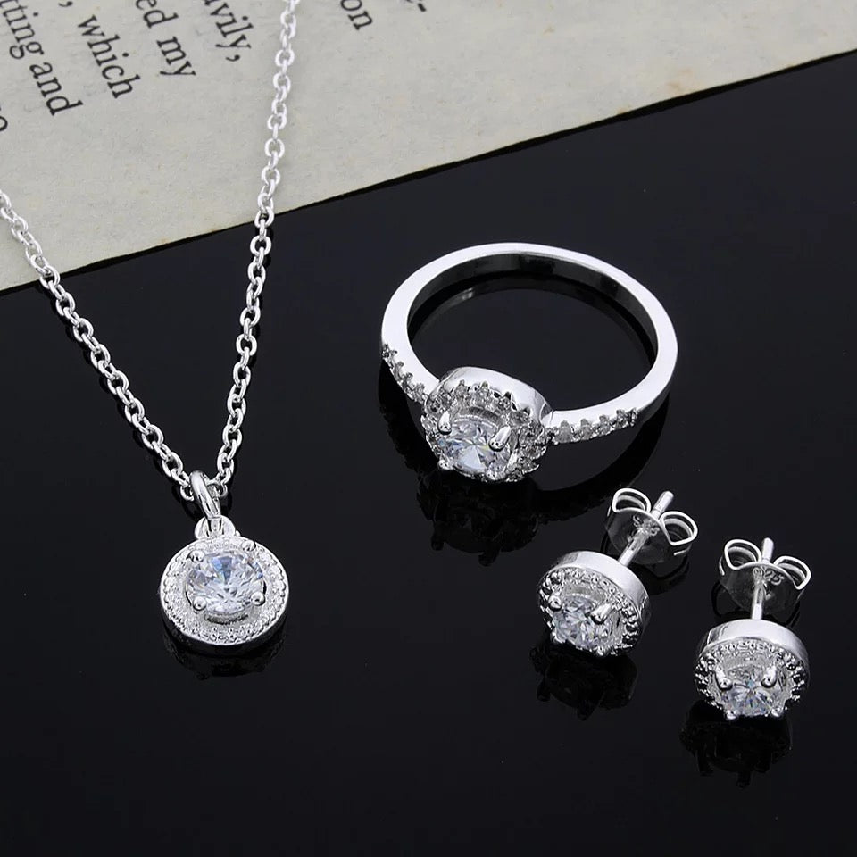 Trendy Schmuck Set Halskette Ohrenstecker Ring Damen Sterling Silber 925 mit Solitär Stein Schmuck Echtschmuck einzel tragbar verstellbar Größenverstellbar
