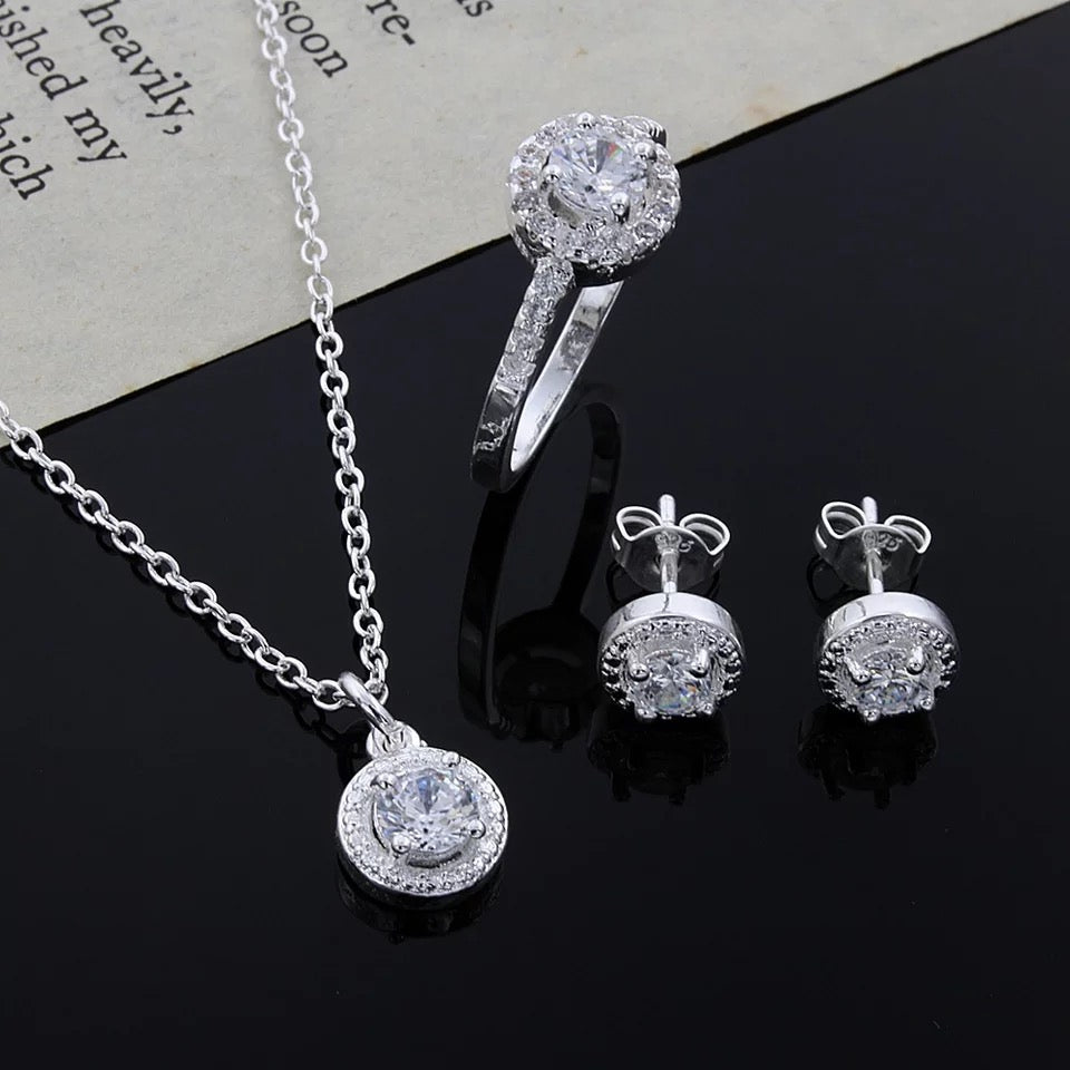 Trendy Schmuck Set Halskette Ohrenstecker Ring Damen Sterling Silber 925 mit Solitär Stein Schmuck Echtschmuck einzel tragbar verstellbar Größenverstellbar