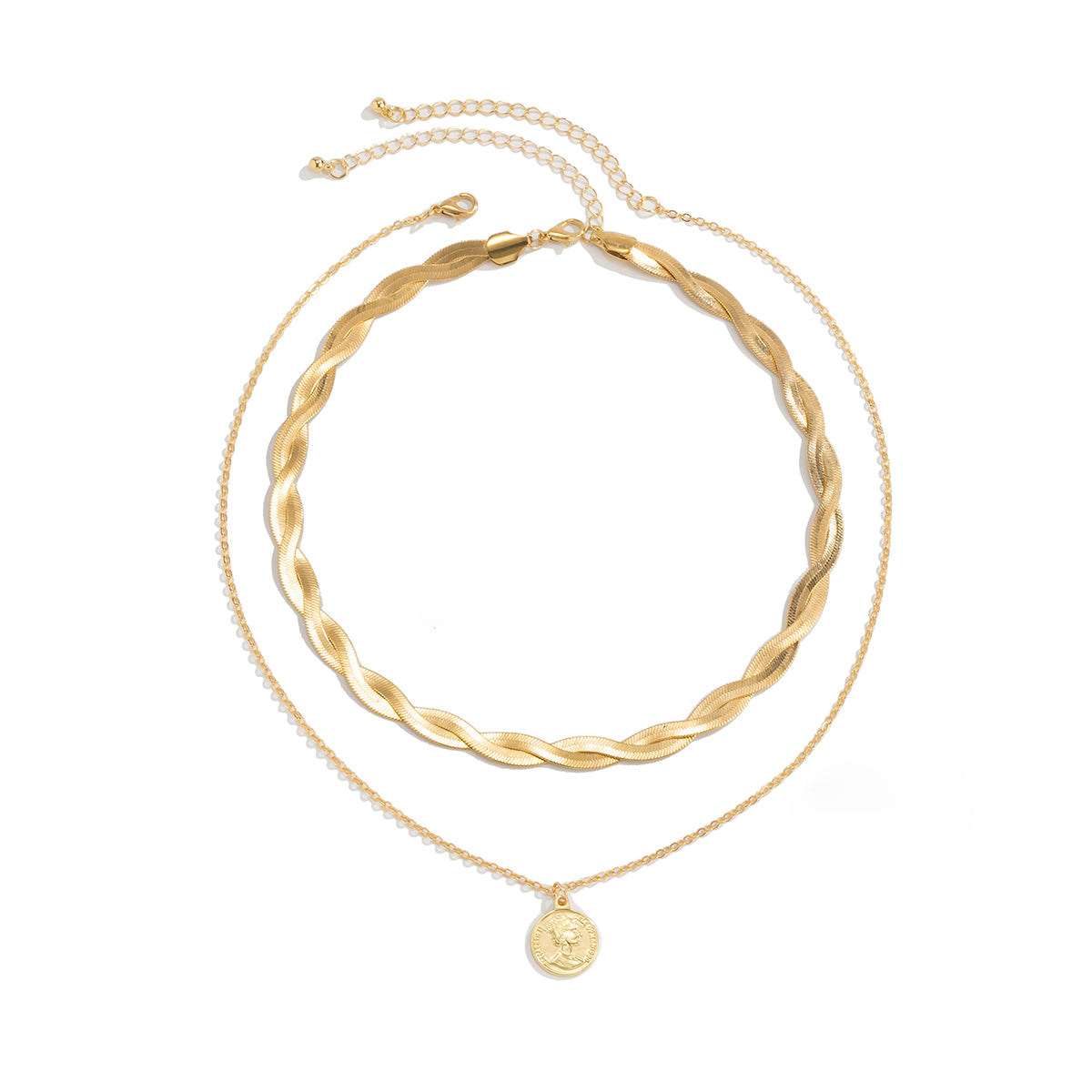 Damen doppelt gelegte Halskette Trendy Kette Set einzeln tragbar mit münzen Plättchen verstellbar geflochtet
