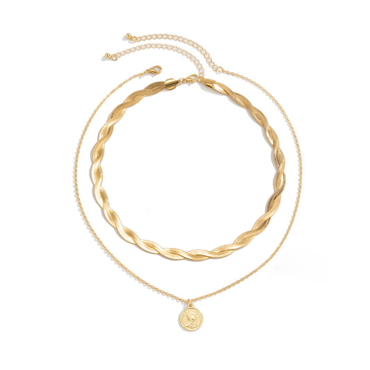 Damen doppelt gelegte Halskette Trendy Kette Set einzeln tragbar mit münzen Plättchen verstellbar geflochtet