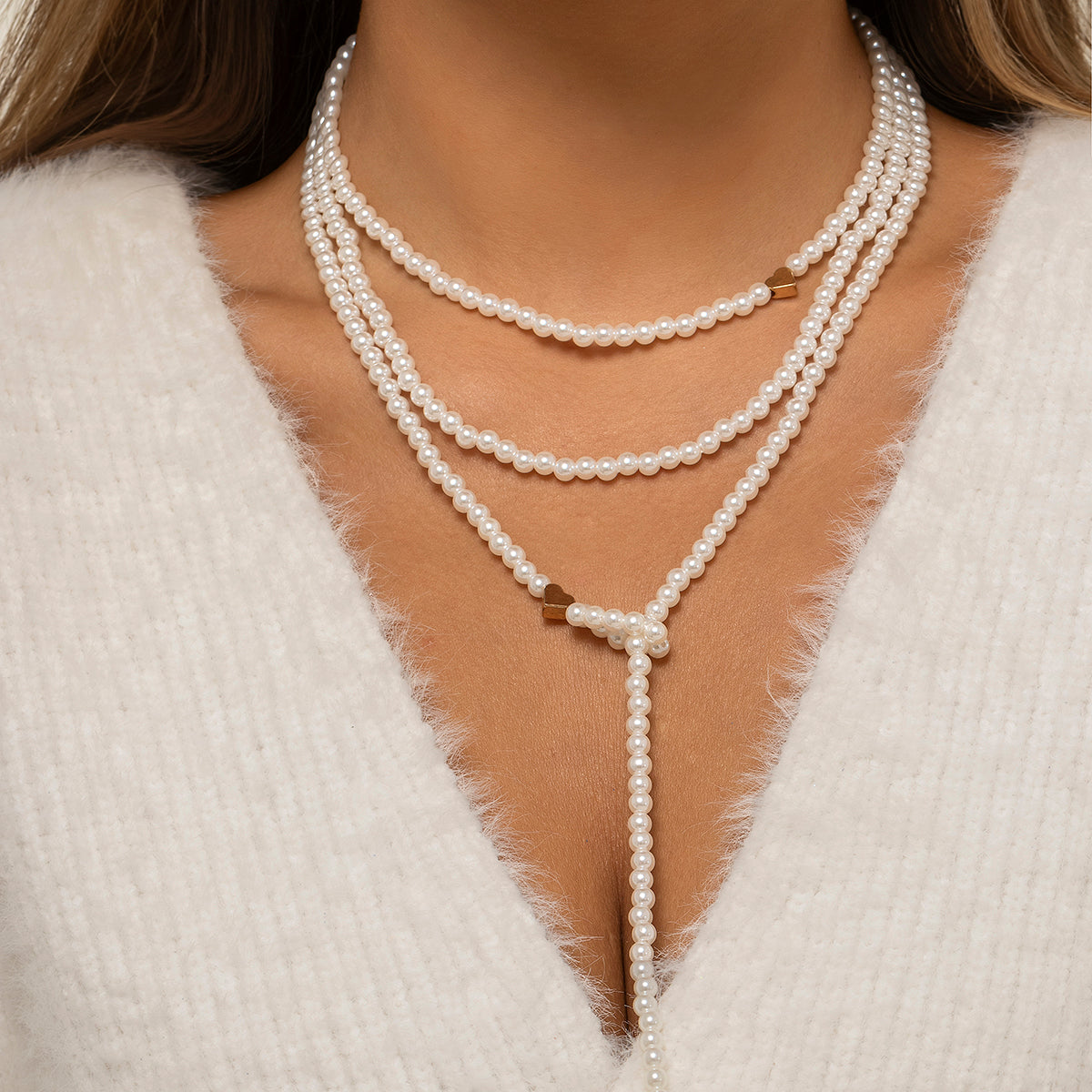 Damen Dreifach-Strang Perlen Halskette weiße Perle goldene Herz