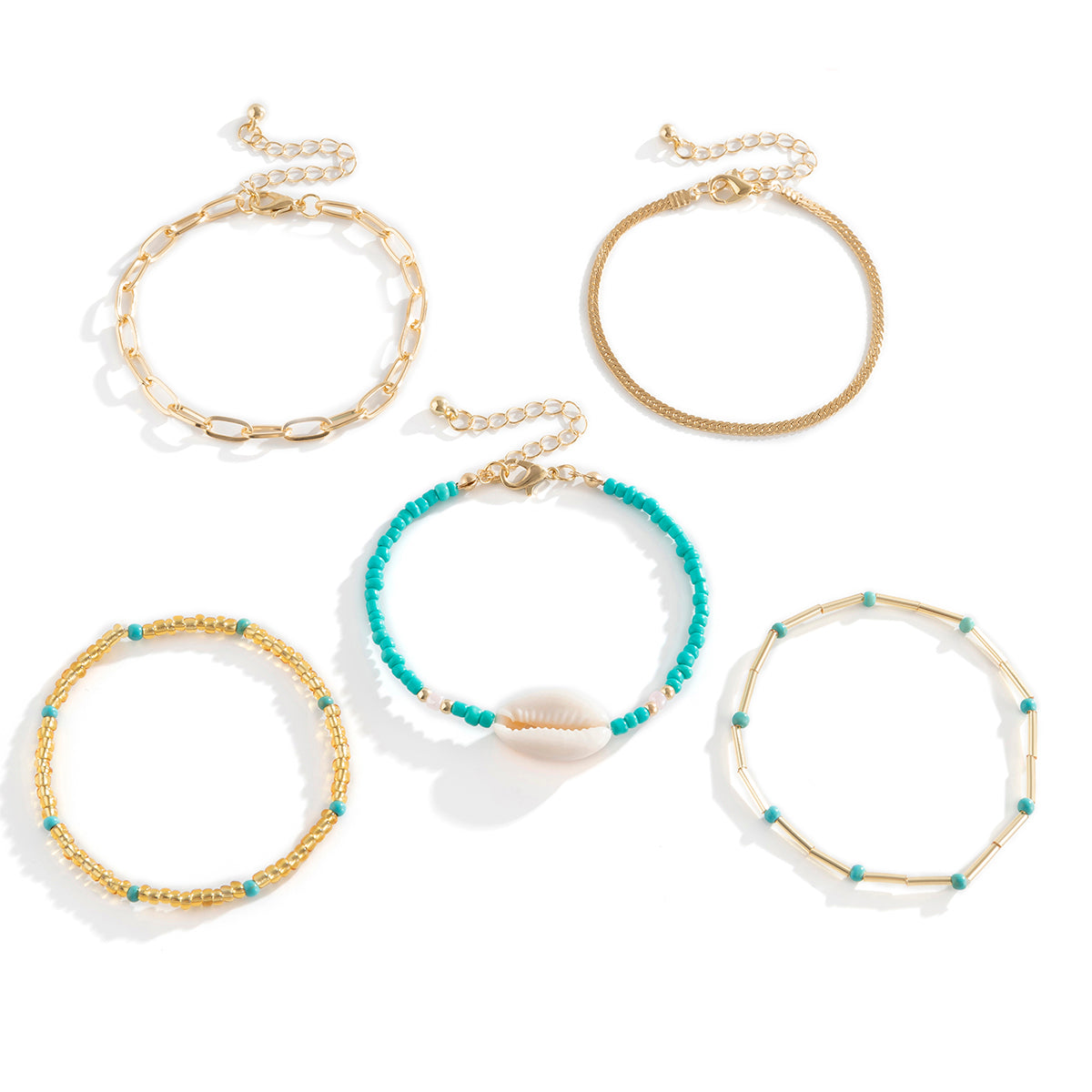 Damen Trendy Armband Set 5-Fach gold mit Muscheln& Perlen Schmuck einzel tragbar Längenverstellbar Verstellbar Blaue Kette Sommer Armband