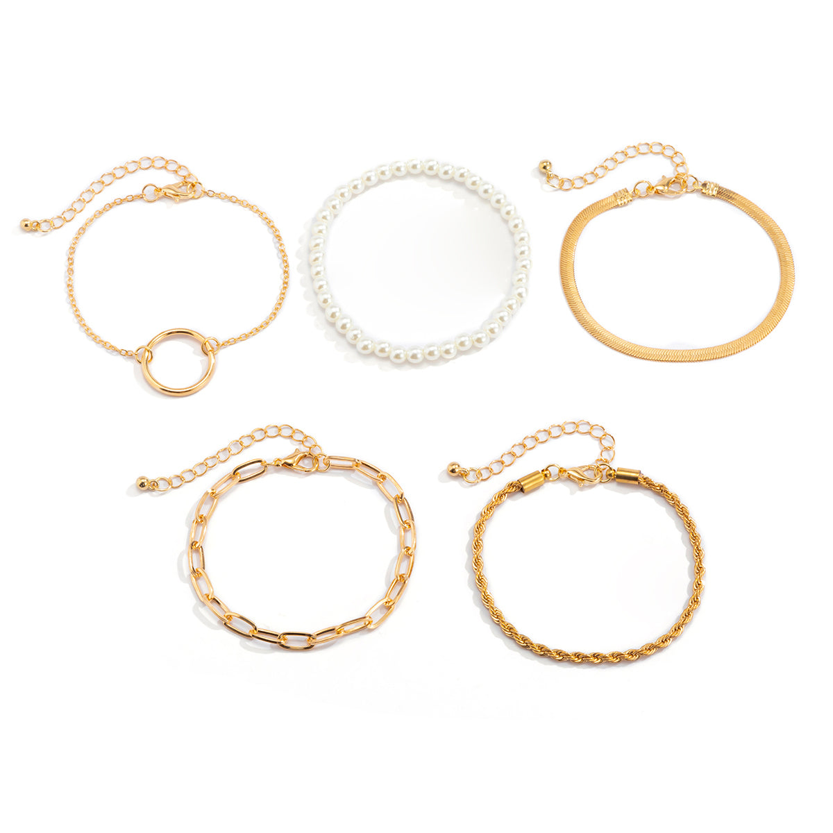 Damen Trendy Armband Set 5-Fach gold mit Perlen Schmuck einzel tragbar in minimalistischem Style minimal minimalistisch  in minimalistisch Style Perlenarmband Perlen Armband Perlenkette Perle Verstellbar Längenverstellbar