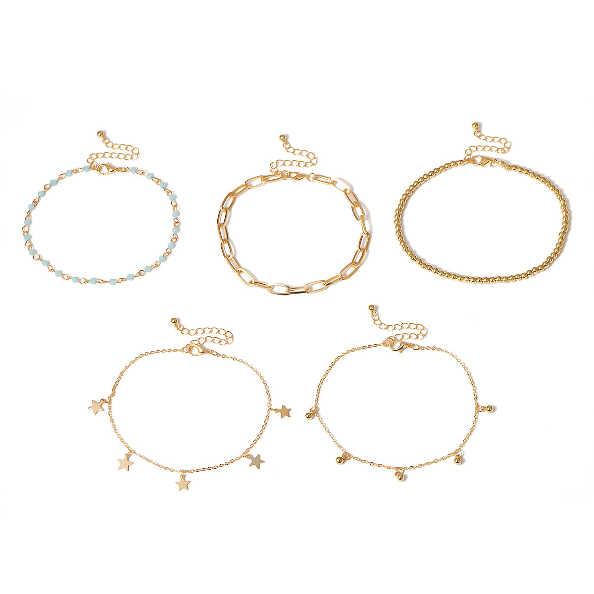 Damen Trendy 5er Set Fußkette gold mit Anhänger & Perlen Schmuck einzel tragbar verstellbar längenverstellbar perlenkette perle