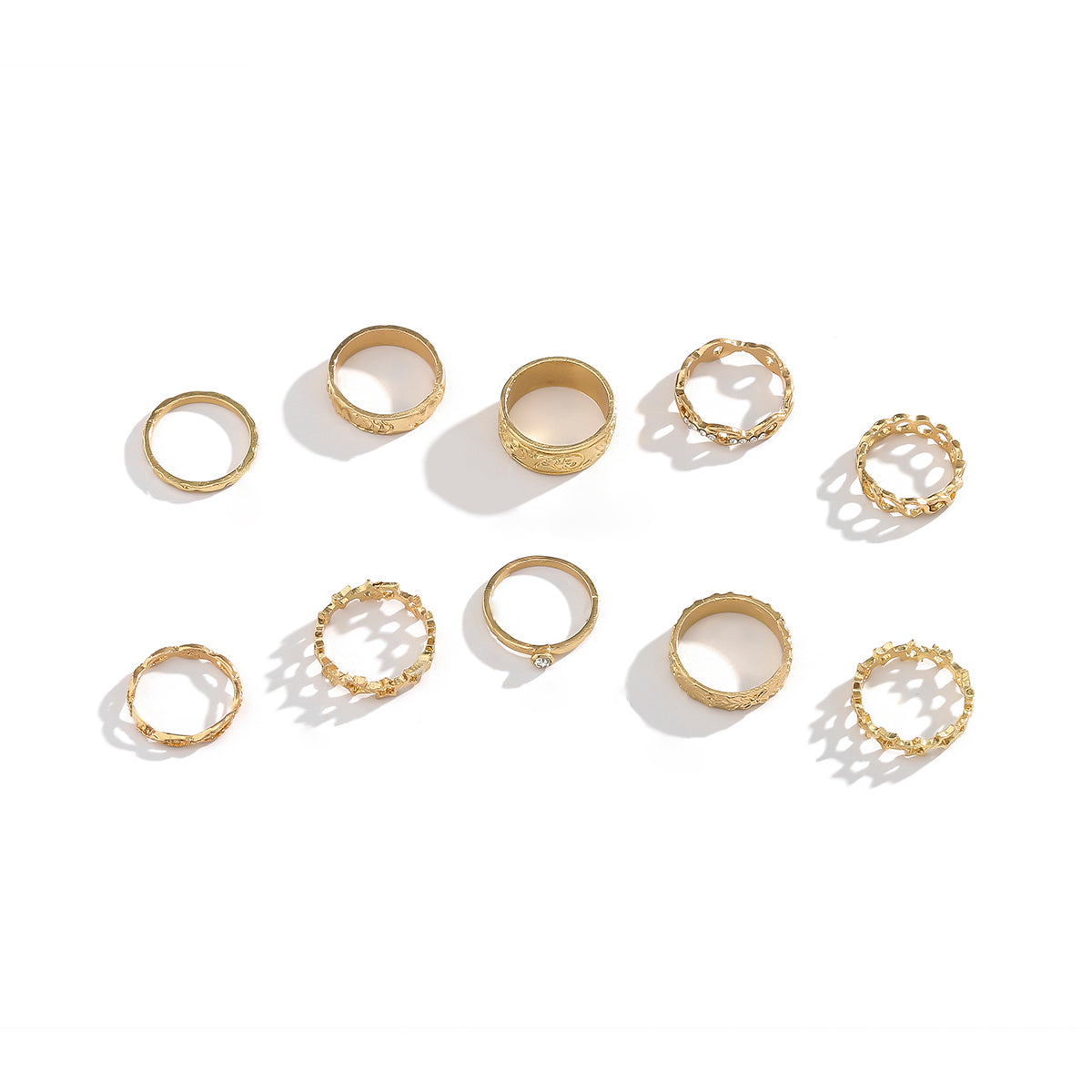 Damen Ring 10-Pack Set Trendy gold Farbe in verschiedenen Modelle mit Stein Zirkon geflochteter Ring