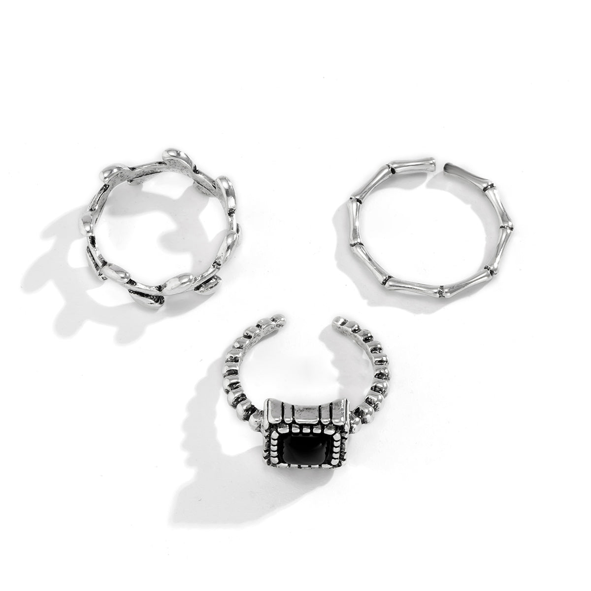 Damen Ring 3er Set Trendy Antik-Silber Farbe mit Stein Vintage Größenverstellbar schwarz zirkon Stein Vintage-Style