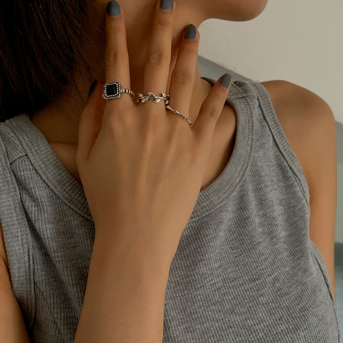 Damen Ring 3er Set Trendy Antik-Silber Farbe mit Stein Vintage